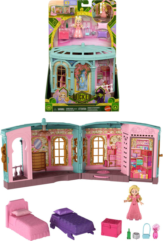 Mattel Wicked dorm playset: Glinda doll swinging from chandelier for imaginative play.