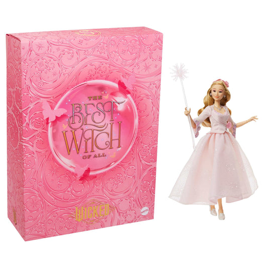 Mattel Wicked Glinda bubble doll packaging with shimmering butterfly motif for display.