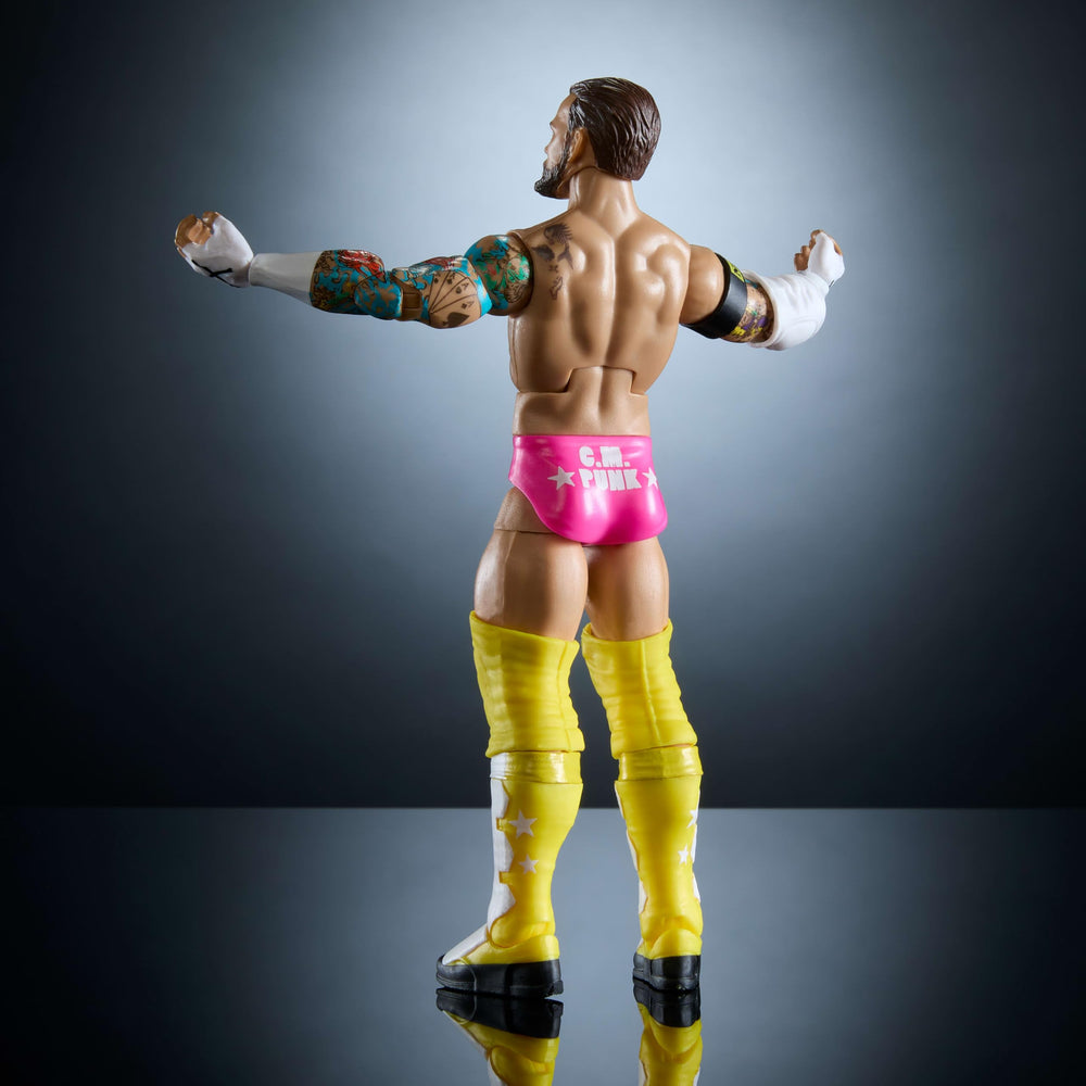 Collector-friendly packaging and display-ready design for Mattel WWE Elite CM Punk.