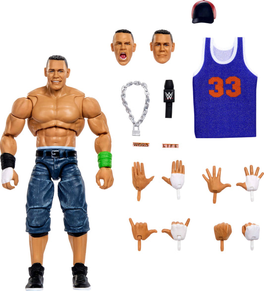 Mattel WWE John Cena Ultimate Edition figure showcases lifelike facial detail for display.