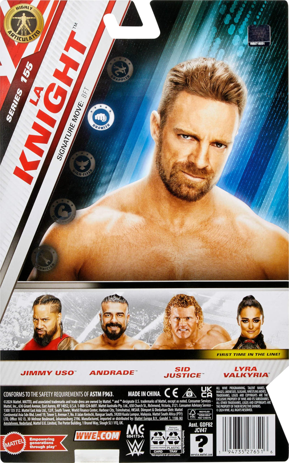 Mattel WWE LA Knight figure packaging and display-ready presentation.
