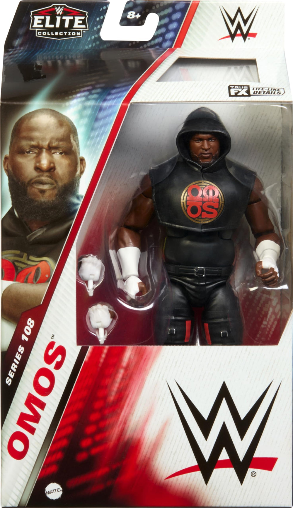 Mattel WWE Omos TrueFX detailing captures lifelike facial features for fans and collectors.