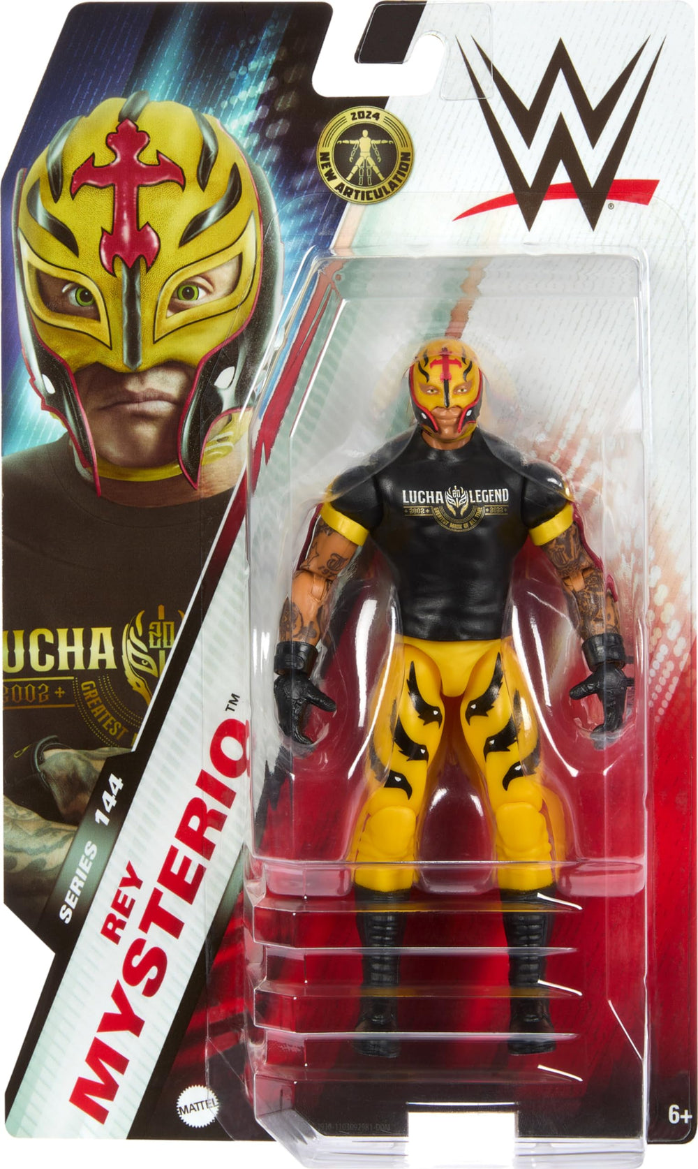 Mattel Rey Mysterio 6-inch figure in dynamic action pose for play.