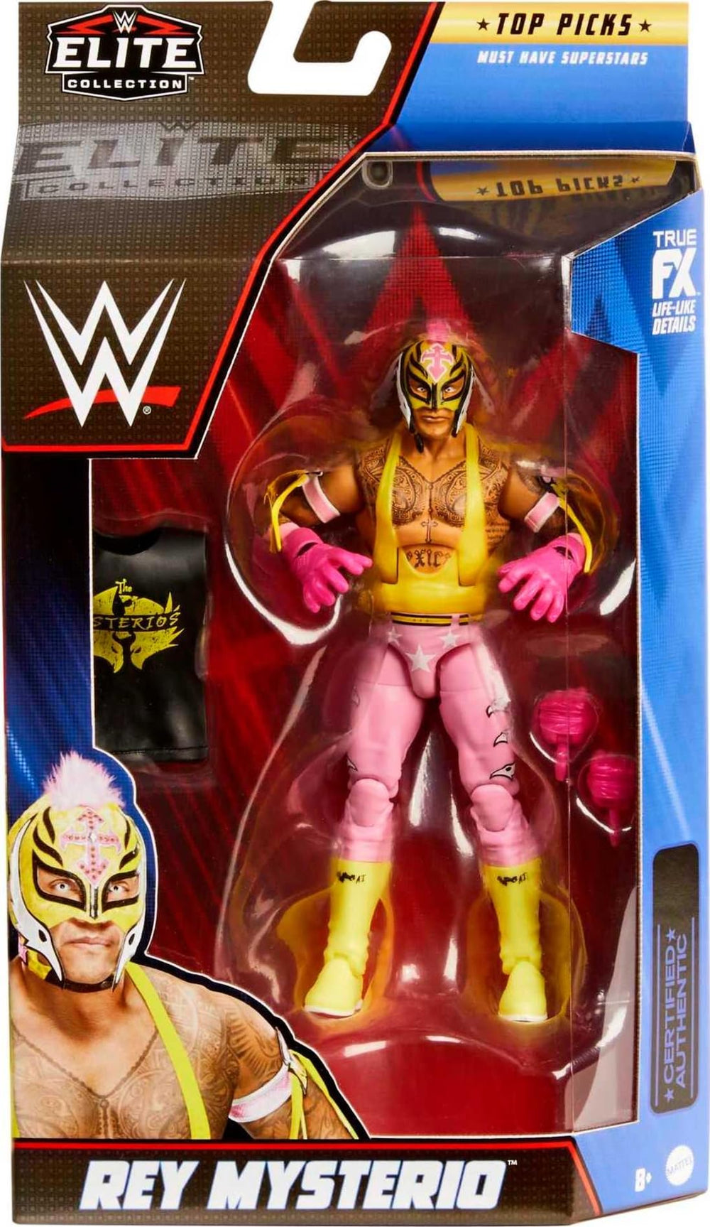 Mattel Rey Mysterio Top Picks TrueFX close-up highlights lifelike facial detailing.