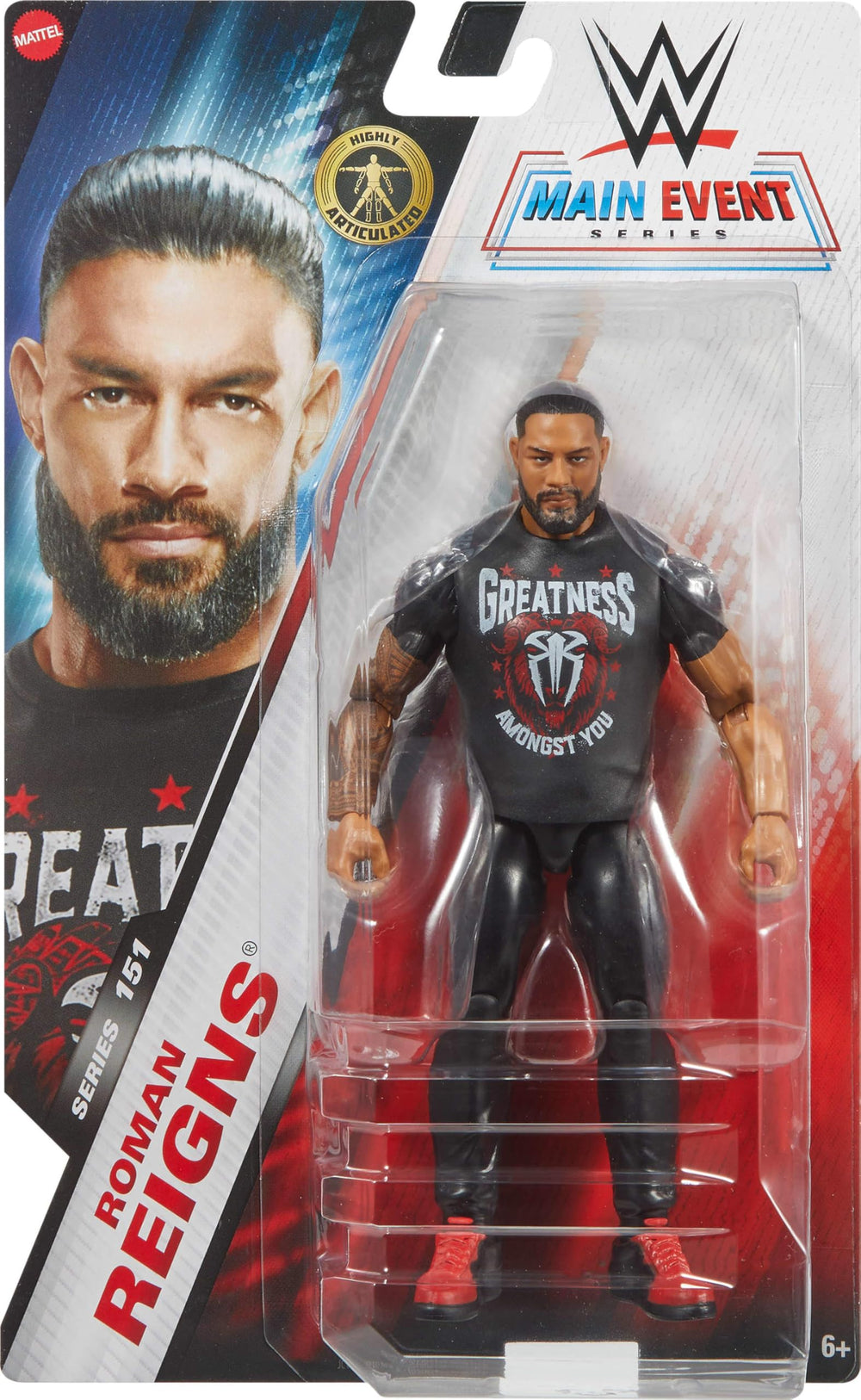 Mattel WWE Roman Reigns figure articulation 10-points enables dynamic posing for play.