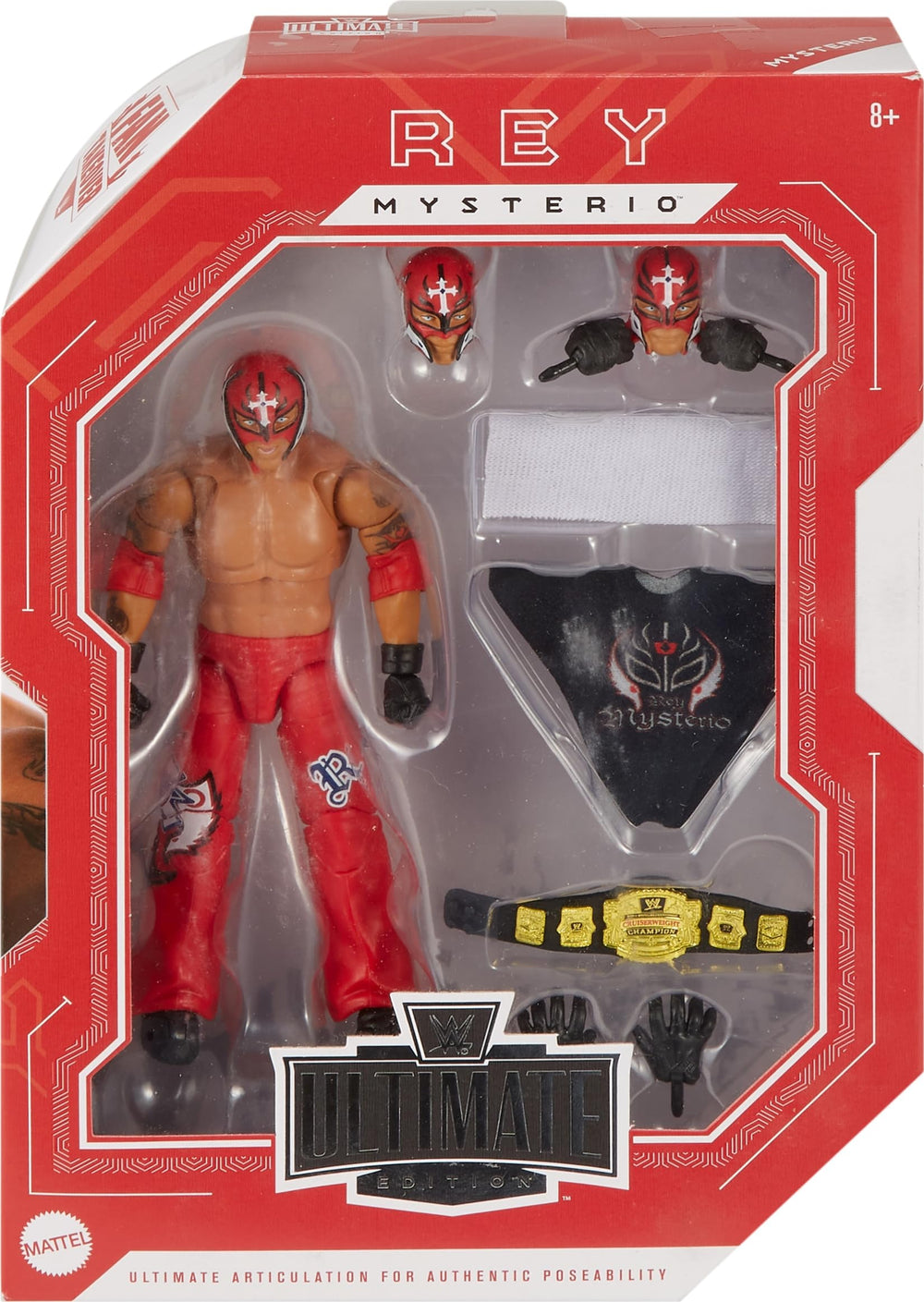 Mattel WWE Ultimate Edition Rey Mysterio interchangeable heads for versatile expressions.