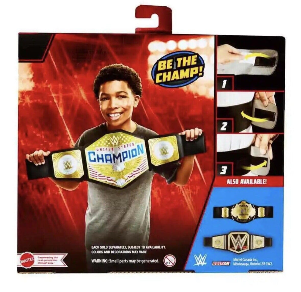Mattel WWE US Championship belt packaging shown for easy gifting