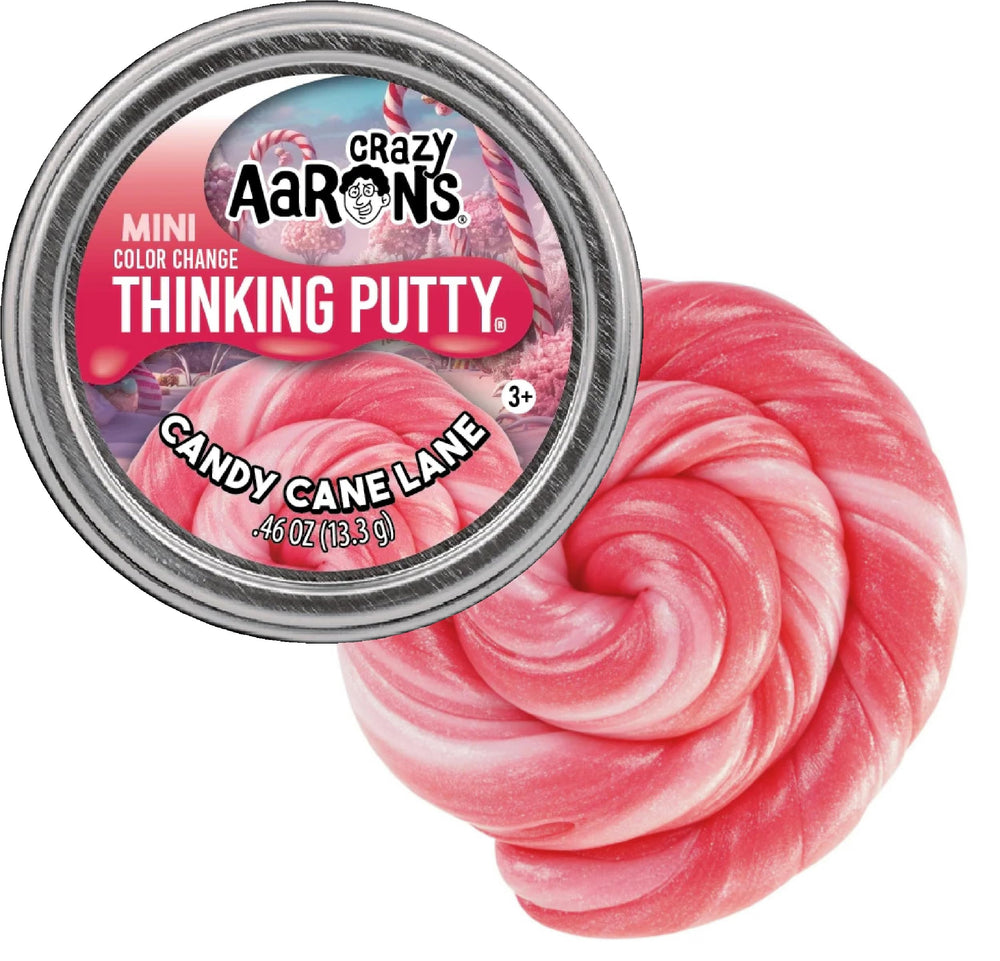 Matty's Toy Stop Crazy Aaron's Holiday Putty Mini Tin Candy Cane Lane changes color when warmed, a playful reveal.