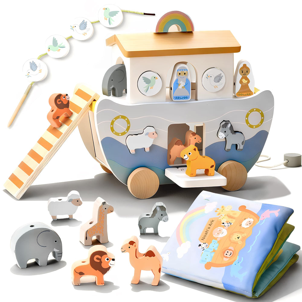 Mauzutta Noahs Ark pull-along with wooden animals for imaginative storytelling.