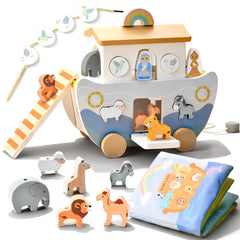 Mauzutta Noahs Ark pull-along with wooden animals for imaginative storytelling.
