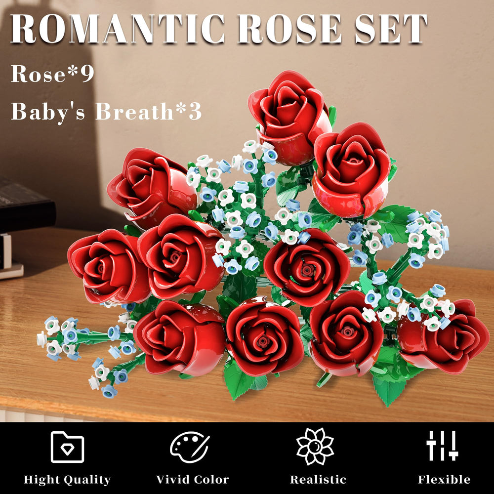 Mavo Brix roses bouquet building set highlights baby’s breath detail for delicate elegance
