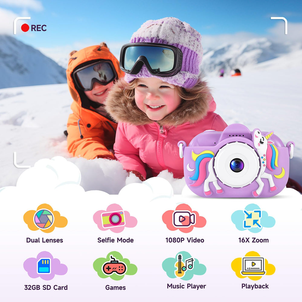 MAVOKIS Kids Camera with puzzle games and a music player for creative play.