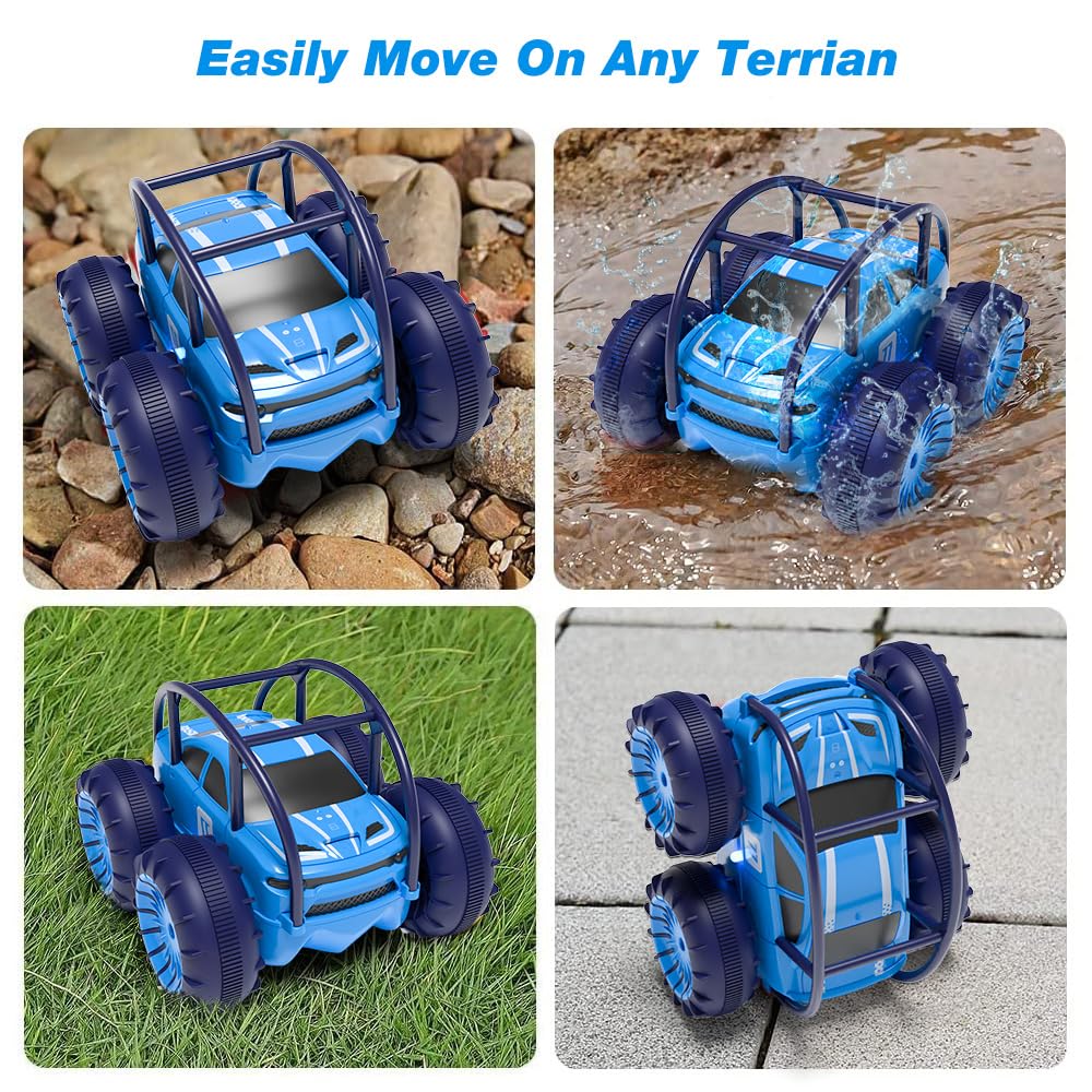 MaxTronic Amphibious RC car conquering rocks, grass, and water terrains