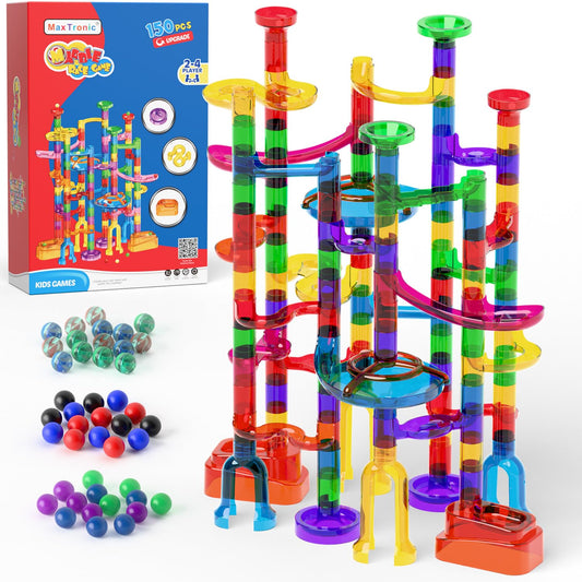 MaxTronic Marble Run 150pcs assembly view showing colorful blocks and tracks for STEM play