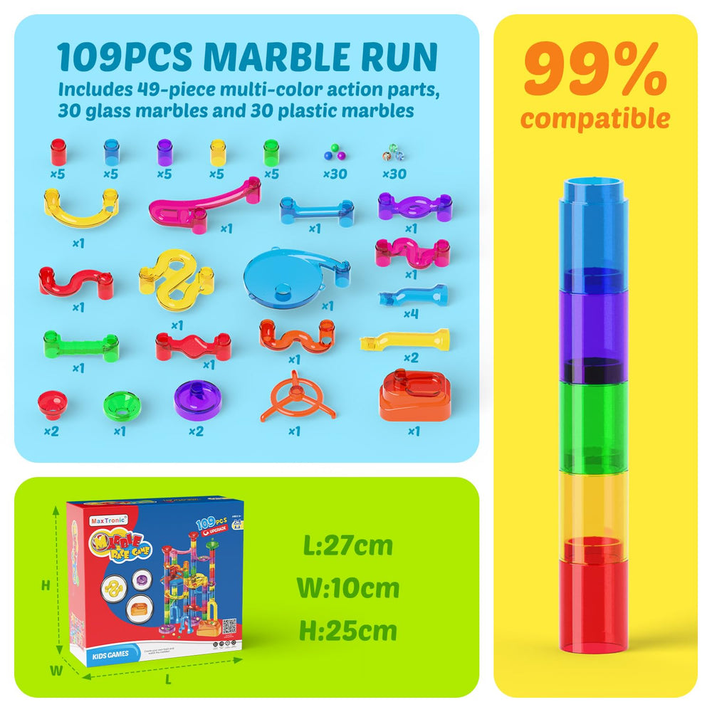 MaxTronic Marble Run transparent tracks showcase marble paths to boost curiosity.