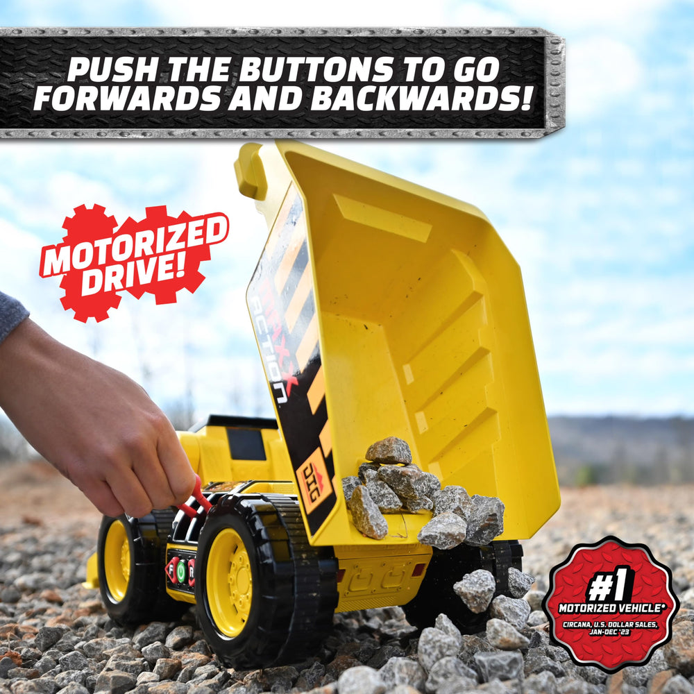 Maxx Action Dig Rig front-loader action demonstrates digging and lifting in pretend work.