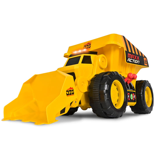 Maxx Action Dig Rig side view highlights sturdy construction for indoor and outdoor play.