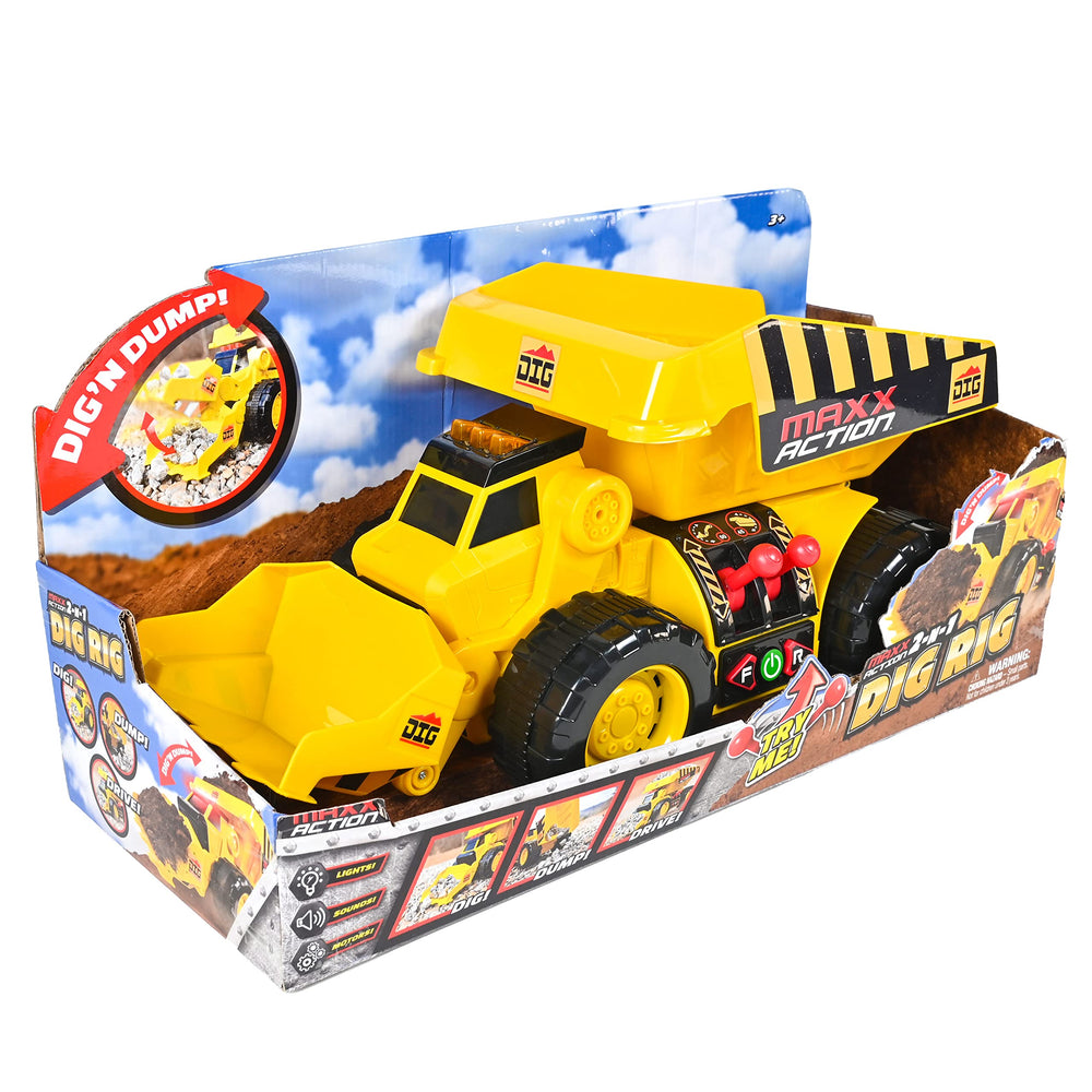 Maxx Action Dig Rig oversized tires roll smoothly on carpet or sand.