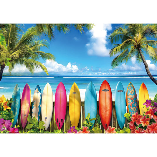MAXZN surfboards and palm trees beach scene puzzle image for relaxing family entertainment.