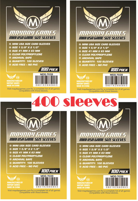 Mayday Games clear sleeves for 41x63mm mini cards, archival-safe protection.