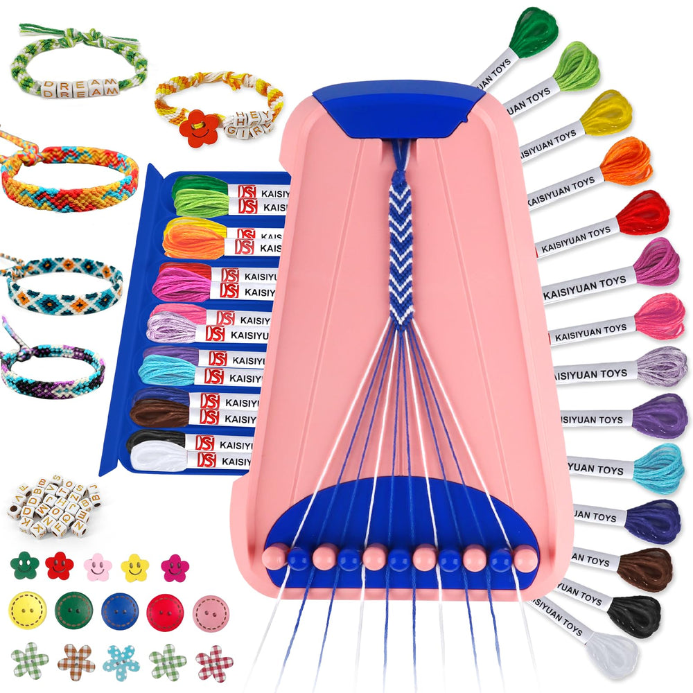 Maynacs friendship bracelet kit contents with colorful threads for creative jewelry projects