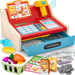 Maysida wooden cash register front view showcases durable, kid-friendly design for pretend play