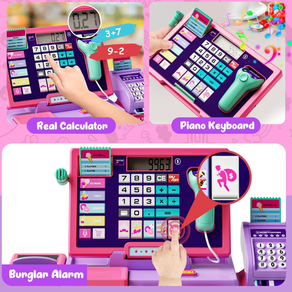 Maysida pink cash register scanner view enables pretend checkout interactions.