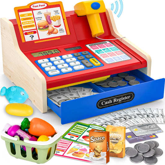 Maysida rechargeable wooden cash register, front view, designed for durable pretend play.