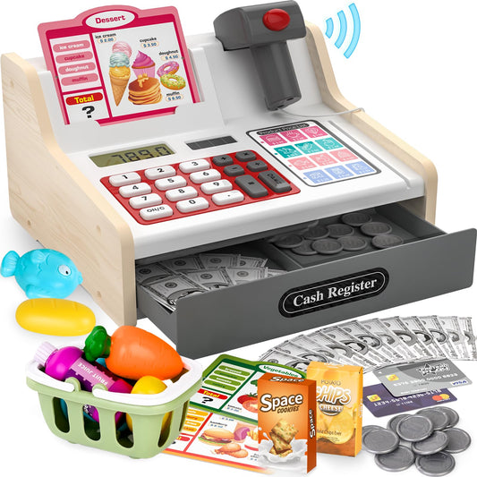 maysida rechargeable wooden cash register with scanner for imaginative shopping play and basic math.