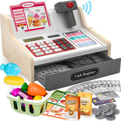 maysida rechargeable wooden cash register with scanner for imaginative shopping play and basic math.