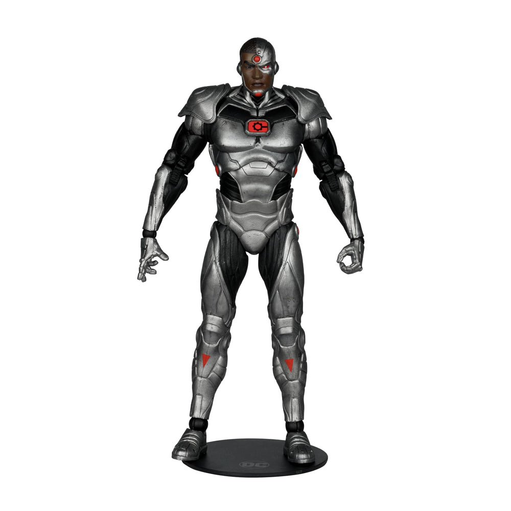 Figure base provides stable display support for the Cyborg figure by McFarlane Toys.