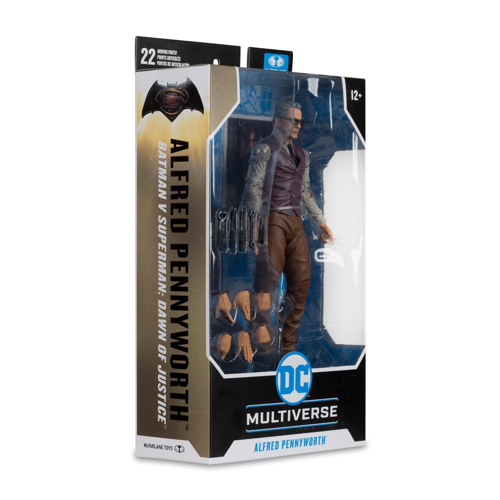 McFarlane Toys Alfred Pennyworth art card back reveals biography for context.