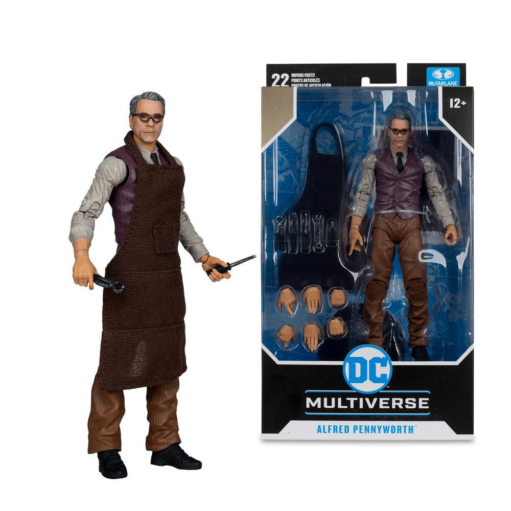 McFarlane Toys Alfred Pennyworth figure with five included tools for imaginative setups.