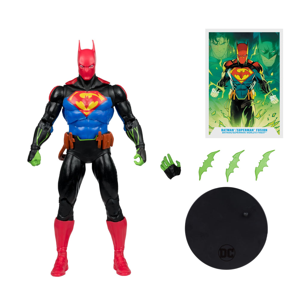McFarlane Toys DC Multiverse Fusion with three Batarangs for interactive display.