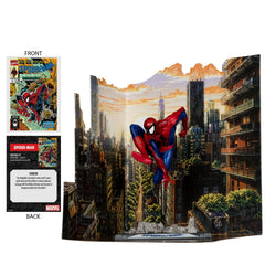 McFarlane Toys art card with Spider-Man artwork and comic synopsis for lore.