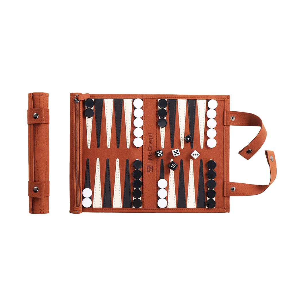 McGregri Backgammon roll-up board for easy travel and compact storage.