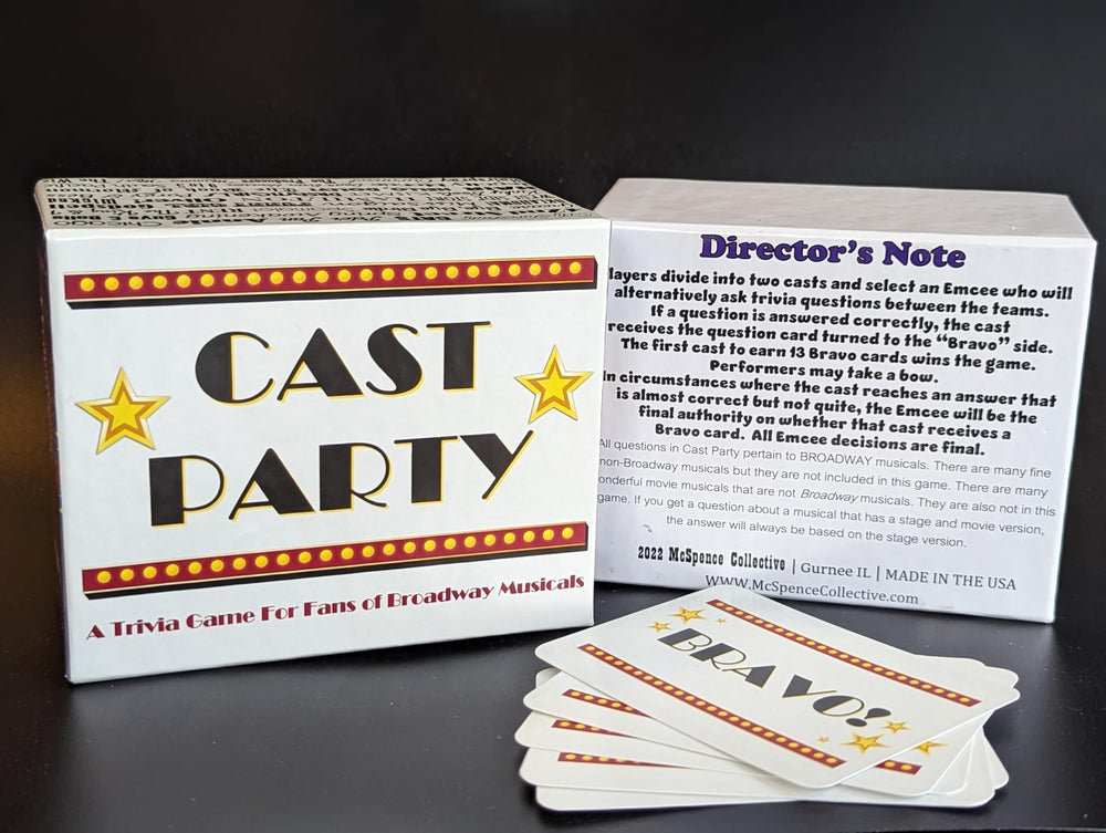 CAST Party cards highlighting show titles and characters for quick recall