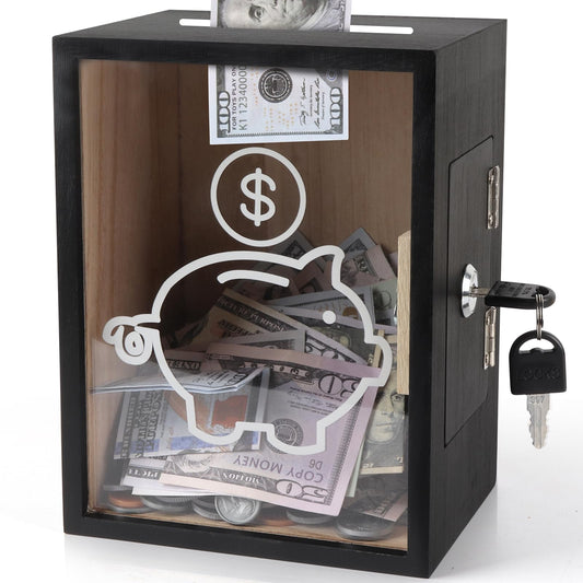 Mczxon clear piggy bank with lock, front view, showing large savings capacity.