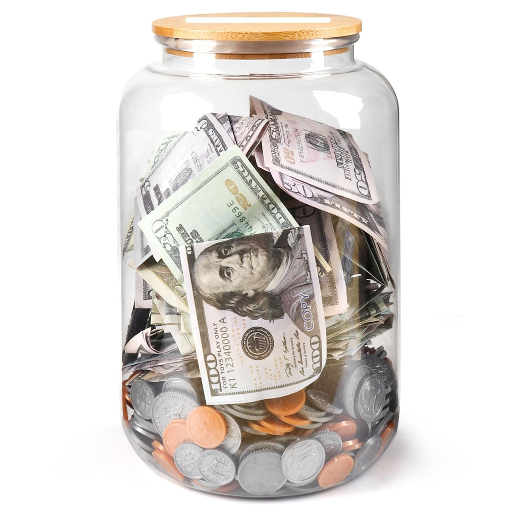 Mczxon clear piggy bank with slotted lid showing growing savings.