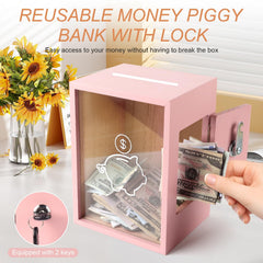 Mczxon wood and acrylic piggy bank front view emphasizes transparent growth of savings.