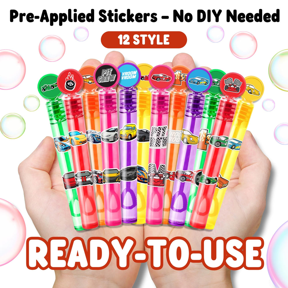 MDNHIO race car bubble wand with blue accents, vibrant track-themed decor.