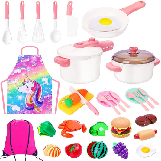 Meaicezli pink kitchen set with pots and pans for imaginative cooking play