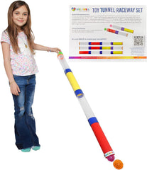 MEAVIA Tunnel Ball Drop Race Track Set assembly shows a long tunnel for cause and effect play.