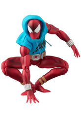 Medicom MAFEX Scarlet Spider Ver. 2.0 stands 6.1 inches tall for compact shelf.