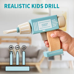 Medoga tool belt and toy drill for realistic role play.