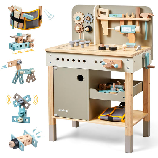 Medoga Kids Tool Bench with wooden tools for creative pretend play.
