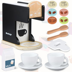 Medoga coffee maker toy dispense action encourages cause-and-effect learning during play.