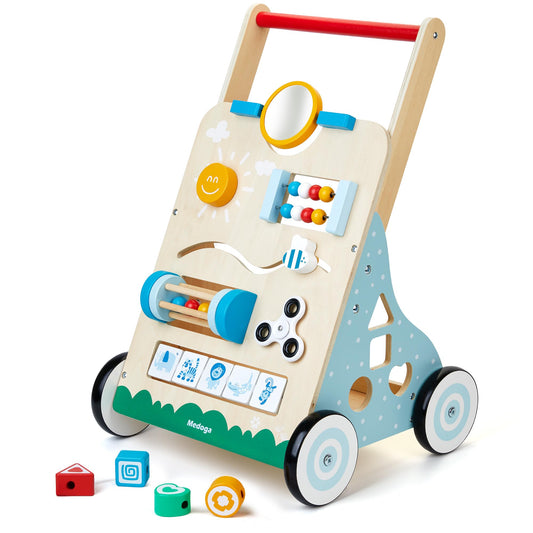 Medoga wooden baby walker front view showcasing 10-in-1 activities for early exploration.