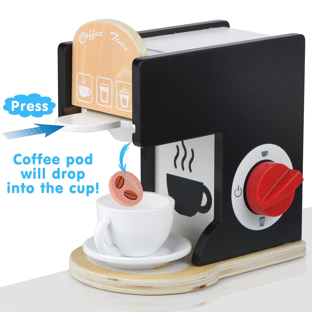 Medoga wooden coffee set with cups and spoons supports role-play and fine motor skills.