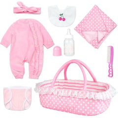 Medylove 8 Pcs Reborn Doll Clothes with Bassinet pink – cozy cradle for playtime.